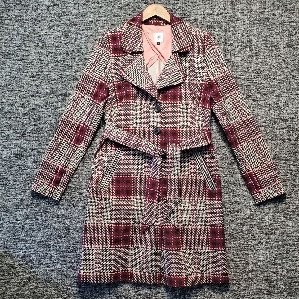 Cabi High Straight Coat Womens S Burgundy Houndstooth Plaid Belted Trench 3370
